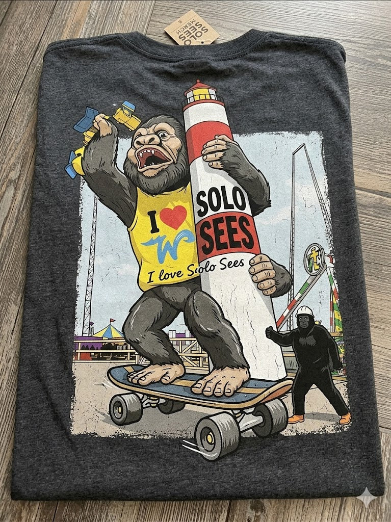 Kong Skate Tee - Gorilla skateboarding with Solo Sees lighthouse